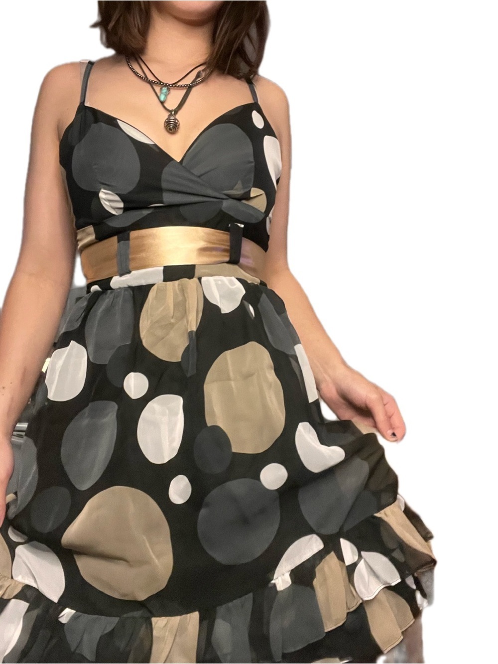 Polka Dot Fit & Flare Dress with Satin Waistband - Black, Gray, Tan, White